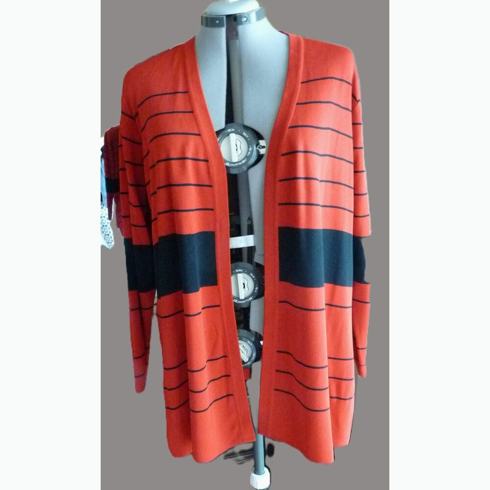 Exclusively Misook Black Red Stripe Open Front Tunic Length Cardigan Jacket L